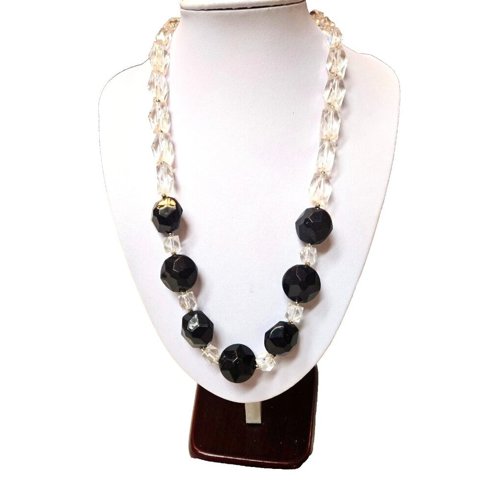 Vintage Lucite Necklace with barrel clasp clear and black beads 24"